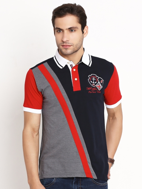 

Fort Collins Navy & Grey Melange Colourblocked Polo T-shirt, Navy blue