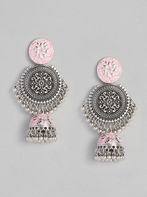 

Anouk Pink & Silver-Plated Meenakari Oxidised Dome Shaped Jhumkas