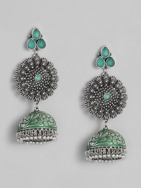 

Anouk Oxidized Silver-Plated Green Dome Shaped Jhumkas