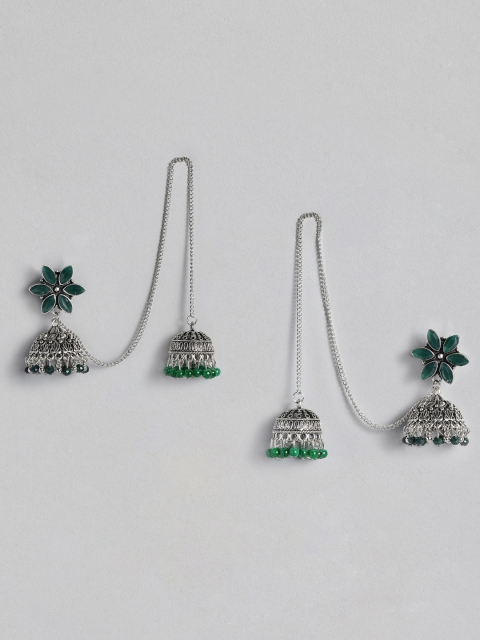 

Anouk Green Silver-Plated Oxidised Floral Design Dome Shaped Jhumkas