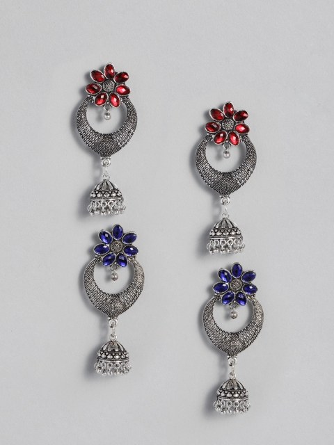 

Anouk Set Of 2 Oxidised Silver-Plated Studded Dome Shaped Jhumkas