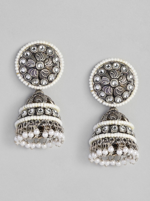 

Anouk White & Silver-Plated Oxidised Dome Shaped Jhumkas