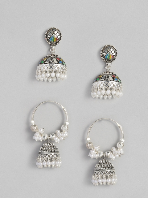 

Anouk Set of 2 Oxidized Silver-Plated Beaded Dome Shaped Jhumkas, Multi