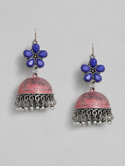 

Anouk Pink & Blue Silver-Plated Oxidized Dome Shaped Jhumka Earrings