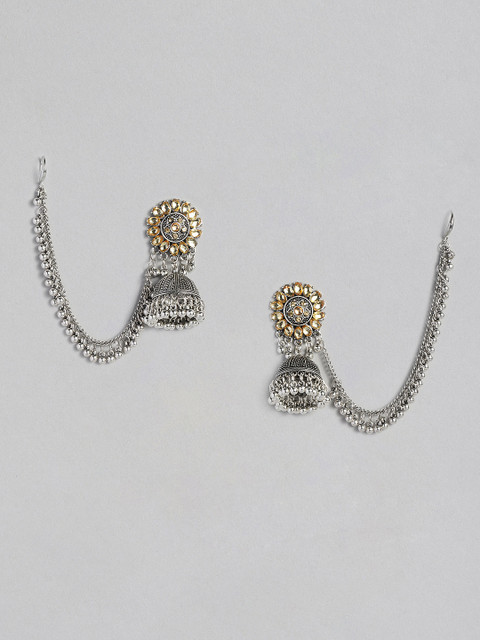 

Anouk Gold-Toned & Silver-Plated Dome Shaped Jhumkas With Ear Chain