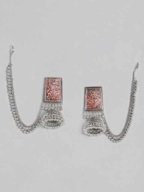 

Anouk Red Oxidized Silver-Plated Meenakari Dome Shaped Jhumkas With Ear Chains