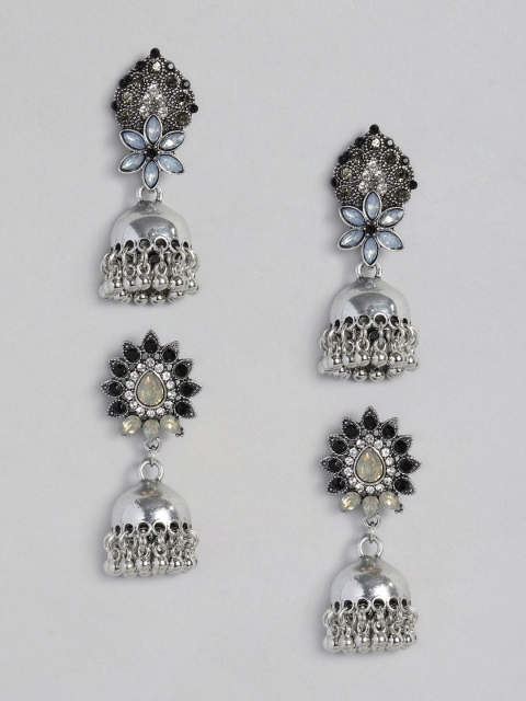 

Anouk Set Of 2 Oxidised Silver-Plated Studded Dome Shaped Jhumkas
