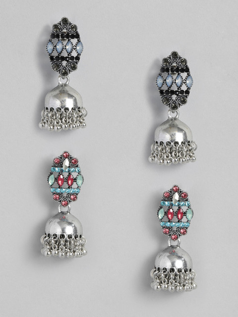

Anouk Set of 2 Silver-Plated Oxidised Stone Studded Dome Shaped Jhumkas