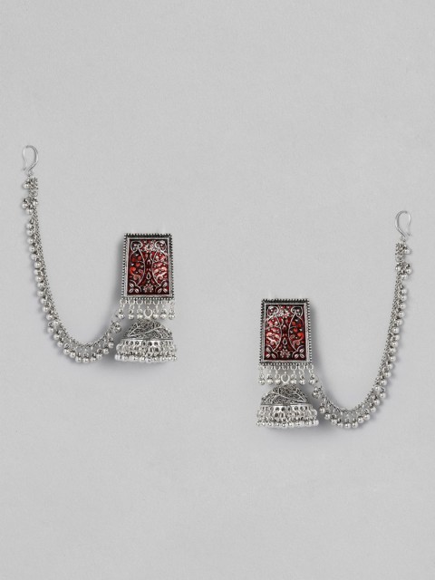 

Anouk Oxidised Silver-Plated & Red Meenakari Beaded Dome Shaped Jhumkas