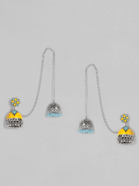 

Anouk Oxidized Silver-Plated Yellow Dome Shaped Jhumkas with Earchains