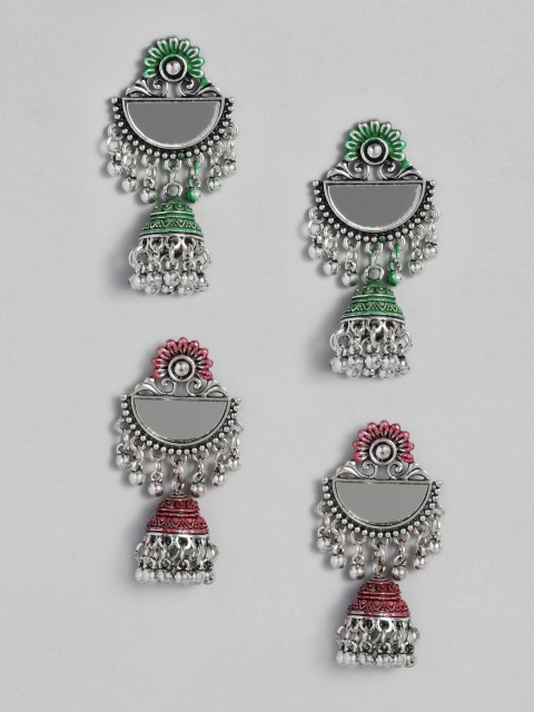 

Anouk Set Of 2 Oxidised Silver-Plated Mirrored & Beaded Dome Shaped Jhumkas