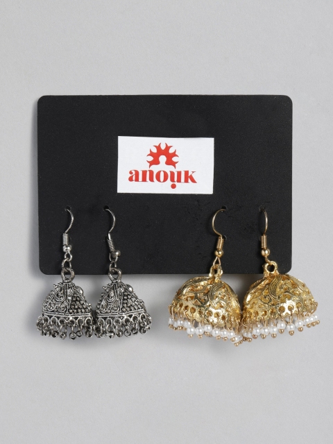 

Anouk Set of 2 Dome Shaped Jhumkas in Silver & Gold Tones