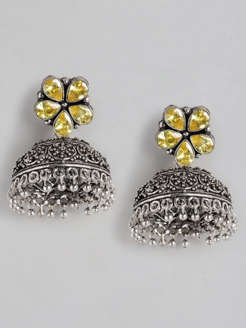 

Anouk Women Oxidised Silver-Plated & Mustard Yellow Studded & Beaded Dome Shaped Jhumka