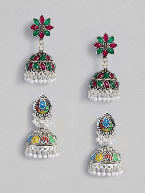 

Anouk Multicolored Set Of 2 Silver-Plated Beaded Dome Shaped Jhumkas, Multi