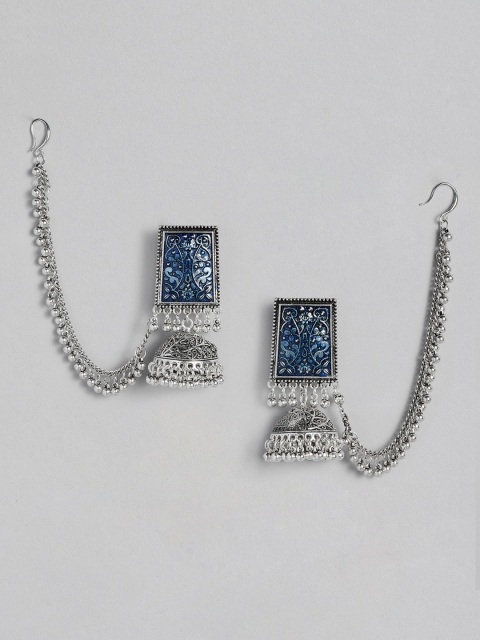 

Anouk Blue Silver-Plated Oxidised Dome Shaped Jhumkas with Ear Chain