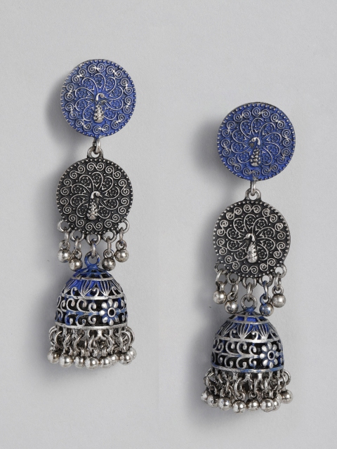 

Anouk Blue Silver-Plated Oxidised Dome Shaped Jhumkas