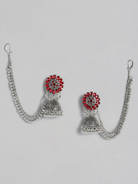 

Anouk Red Silver-Plated Oxidised Stone Studded Dome Shaped Jhumkas with Ear Chain