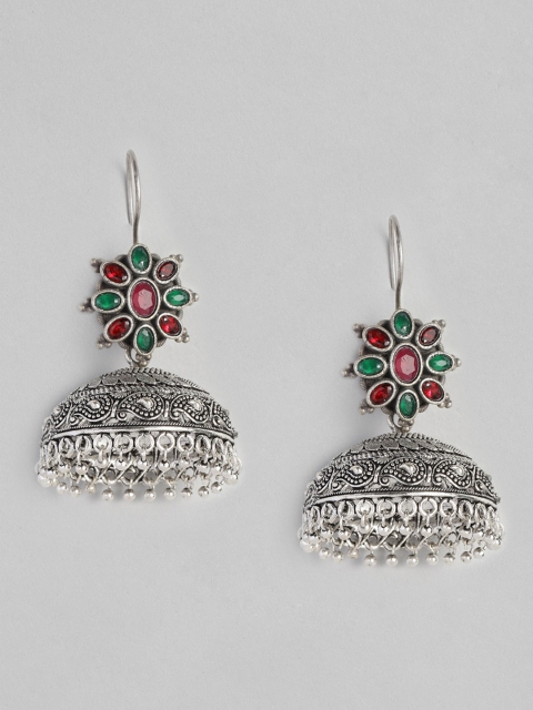 

Anouk Oxidized Silver-Plated Green & Red Dome Shaped Jhumkas