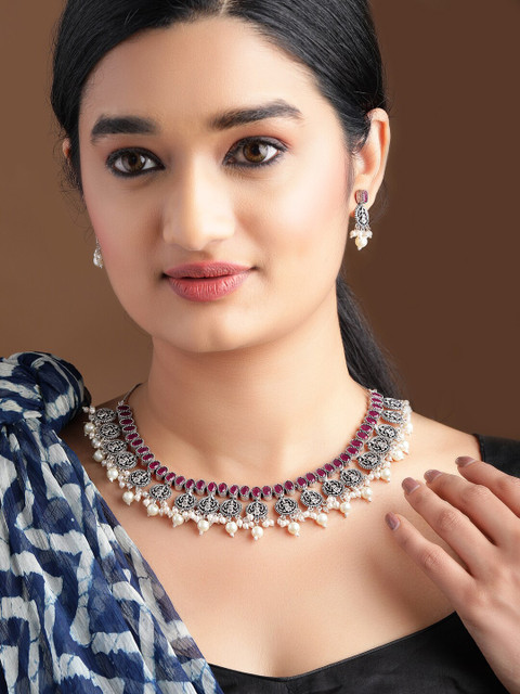 

Rubans Oxidized Silver-Plated White & Red Ruby-Studded & Pearl Beaded Handcrafted Jewellery Set