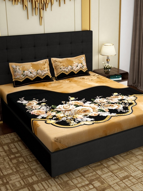 

PAVO Beige & Black Floral 300 TC Cotton 1 King Bedsheet with 2 Pillow Covers