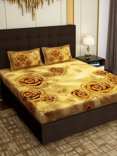 

PAVO Yellow & Gold-Toned Floral 300 TC Cotton 1 King Bedsheet with 2 Pillow Covers
