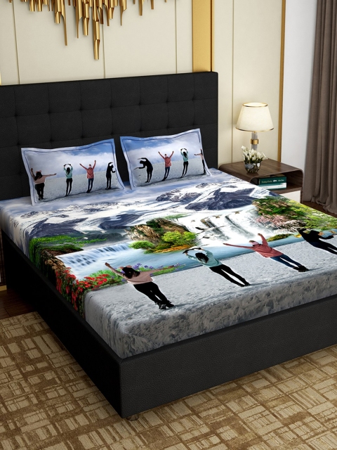 

PAVO Blue & White Abstract 300 TC Cotton 1 King Bedsheet with 2 Pillow Covers