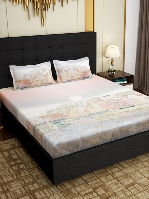 

PAVO White & Grey Graphic 300 TC Cotton 1 King Bedsheet with 2 Pillow Covers