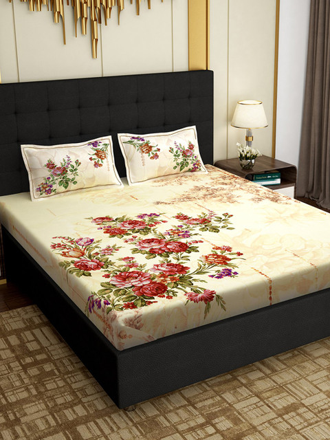 

PAVO Cream-Coloured & Red Floral 300 TC Cotton 1 King Bedsheet with 2 Pillow Covers