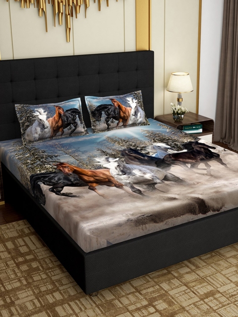 

PAVO Grey & Blue Graphic 300 TC Cotton 1 King Bedsheet with 2 Pillow Covers