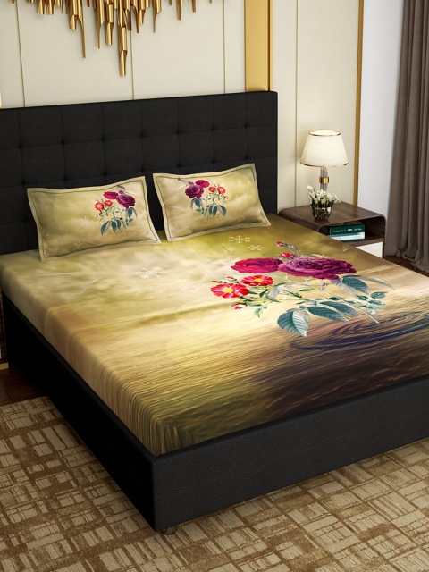 

PAVO Beige & Pink Floral 300 TC Cotton 1 King Bedsheet with 2 Pillow Covers