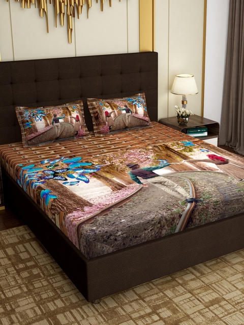 

PAVO Brown & Blue Abstract 300 TC Cotton 1 King Bedsheet with 2 Pillow Covers
