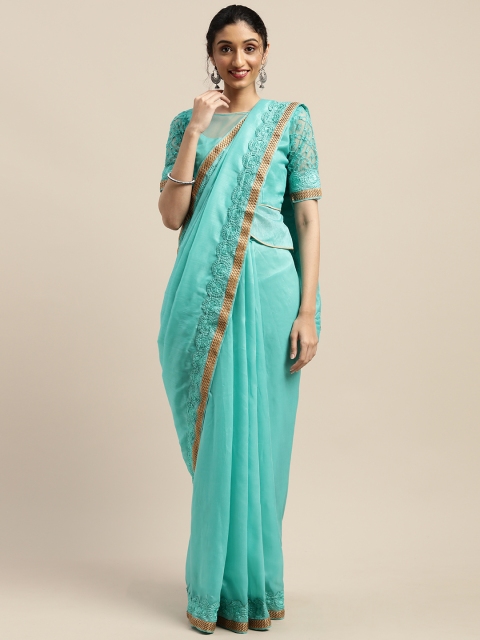 

SHAVYA Teal Blue Solid Silk Blend Saree