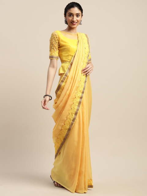 

SHAVYA Yellow Solid Silk Blend Sequinned Border Saree