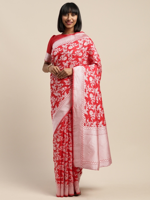 

SHAVYA Red & Silver-Toned Silk Blend Woven Design Saree