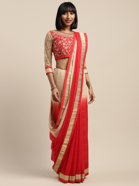 

SHAVYA Red & Beige Pure Georgette Dyed Saree with Embroidery Work Blouse