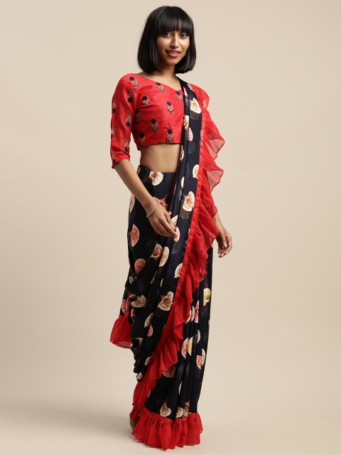 

SHAVYA Navy Blue & Red Pure Georgette Printed Ruffled aree