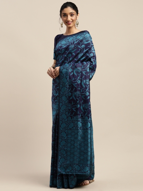 

SHAVYA Navy Blue & Green Silk Blend Printed Saree