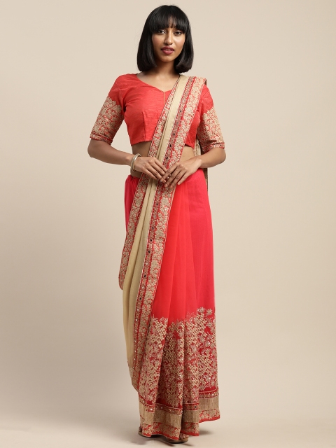 

SHAVYA Red & Beige Pure Georgette Solid Heavy Embroidered Saree