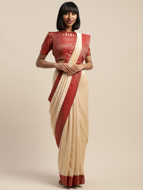 

SHAVYA Beige Solid Silk Blend Woven Design Border Saree