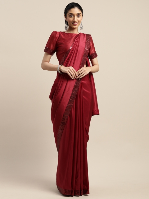 

SHAVYA Maroon Solid Silk Blend Embroidered Border Saree