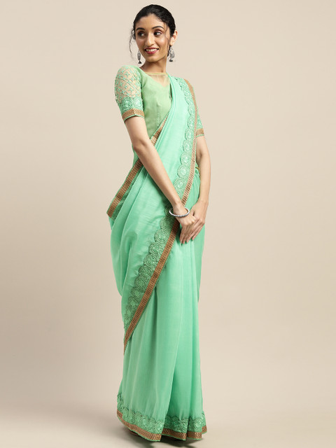 

SHAVYA Sea Green & Bronze-Toned Silk Blend Embellished Saree