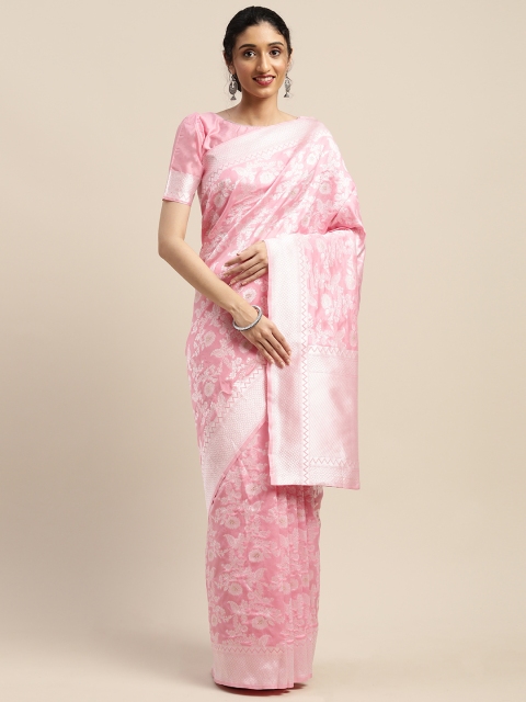 

SHAVYA Pink & Silver-Toned Silk Blend Woven Design Saree
