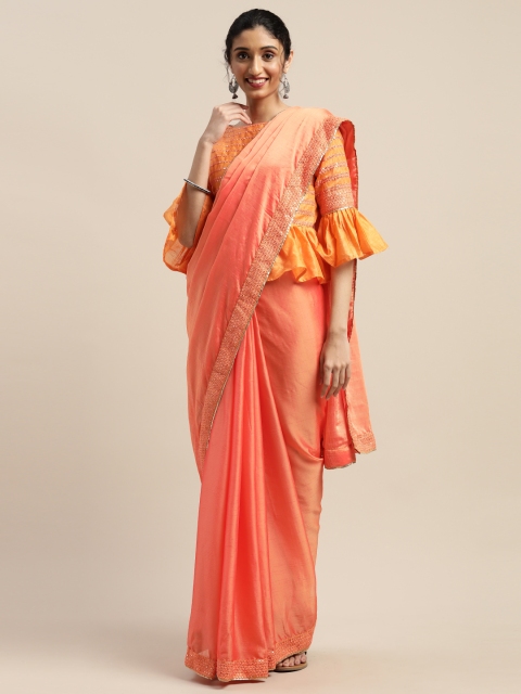 

SHAVYA Orange Woven Design Pure Chiffon Saree