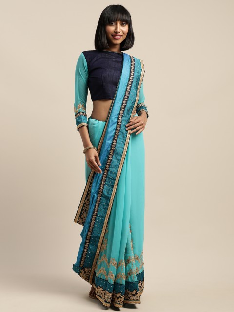 

SHAVYA Turquoise Blue Embroidered Pure Georgette Saree