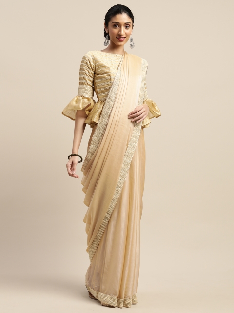 

SHAVYA Beige Solid Pure Chiffon Saree