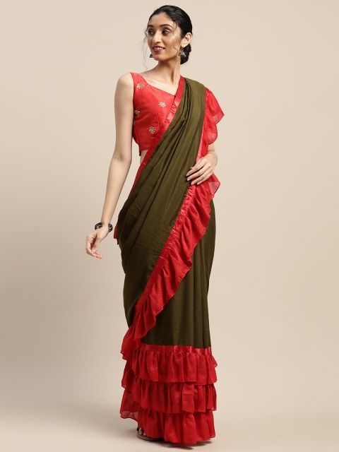 

SHAVYA Olive Green & Red Silk Blend Solid Ruffled Saree