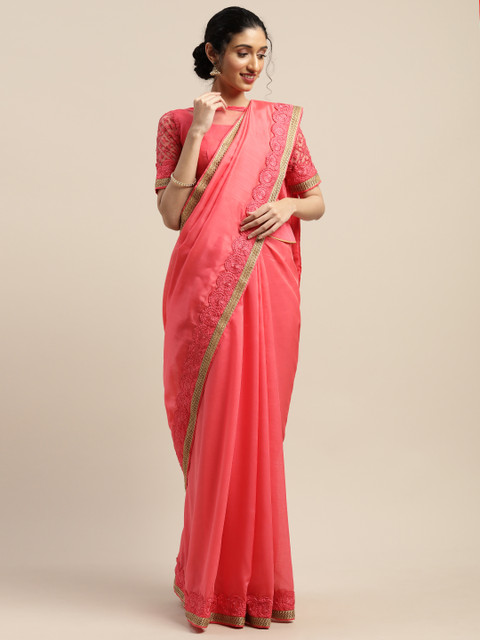 

SHAVYA Pink & Gold-Toned Silk Blend Solid Saree