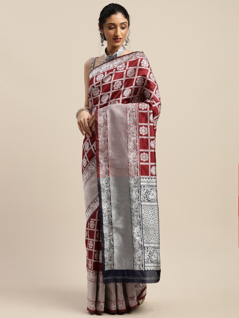 

SHAVYA Maroon & Silver-Toned Silk Blend Woven Design Saree