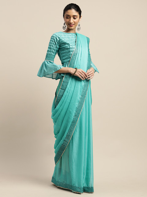 

SHAVYA Turquoise Blue Solid Pure Chiffon Saree