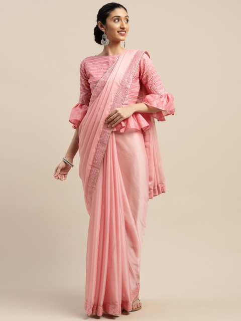 

SHAVYA Pink Solid Pure Chiffon Mirror Work Border Saree